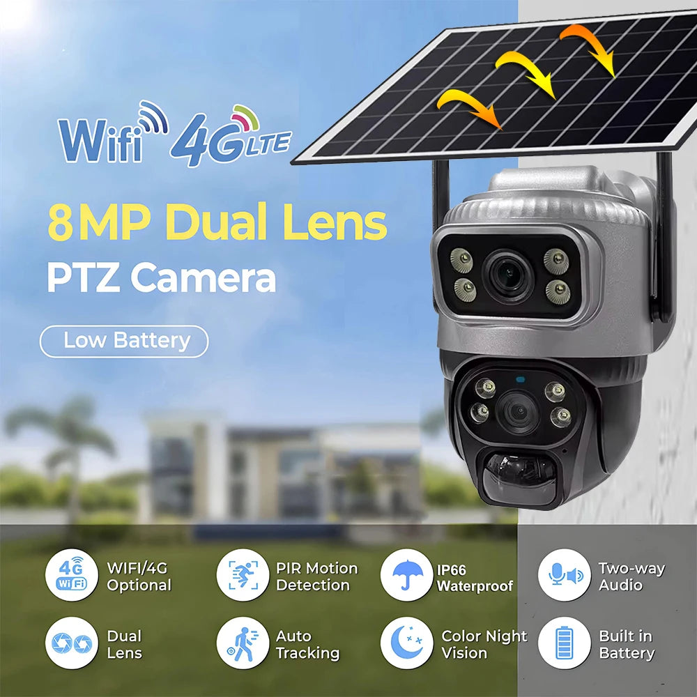 Security Protection Outdoor Waterproof Solar Panel Wifi Camera 8MP HD 4K Surveillance Cameras PIR Human Detection Home Security