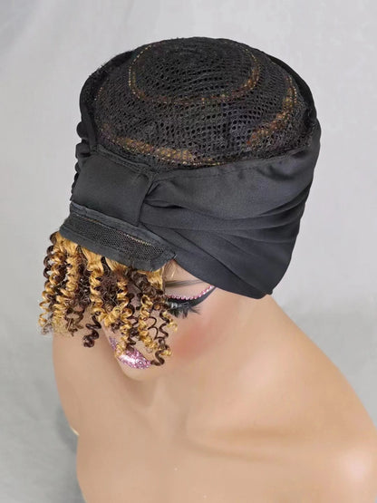 200% Density 1BT30 Afro Kinky Curly Scarf Wig with Bangs Machine Made Wig Curly 100% Human Hair Wig Preplucked for Black Women