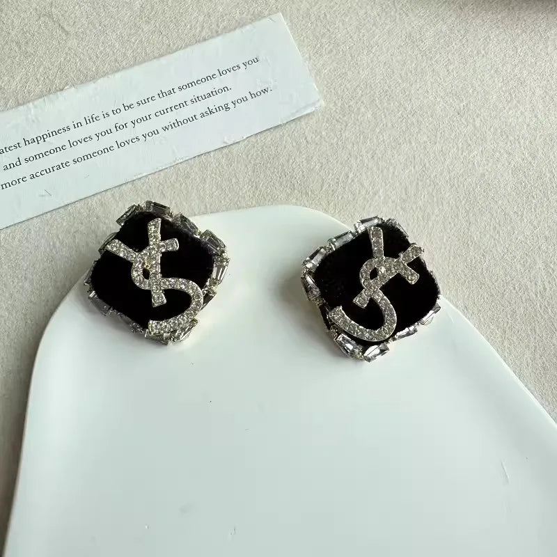 Boucles d'oreilles à tige classiques en strass avec lettres YS pour femmes, boucles d'oreilles tendance en zircon noir de luxe, bijoux de fête de bureau, accessoires cadeaux