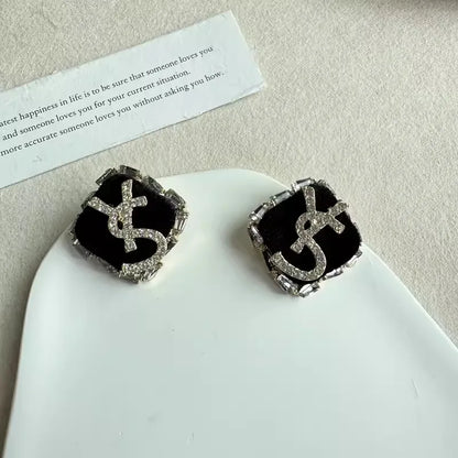Boucles d'oreilles à tige classiques en strass avec lettres YS pour femmes, boucles d'oreilles tendance en zircon noir de luxe, bijoux de fête de bureau, accessoires cadeaux