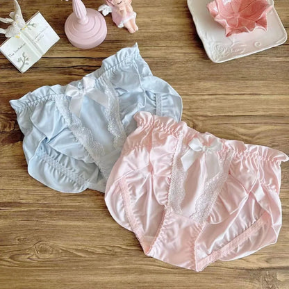 Lotus Leaf Edge High Slit Lolita Sweet Panties Japanese Cute Student Mid Waist Underwear Girl Milk Silk Triangle Pants 섹시