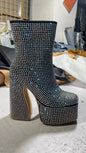 2024 Silver High Heel Chelsea Boots – Women's Platform Ankle Boots Square Toe with Diamond Decor, Chunky Heel Short Boots