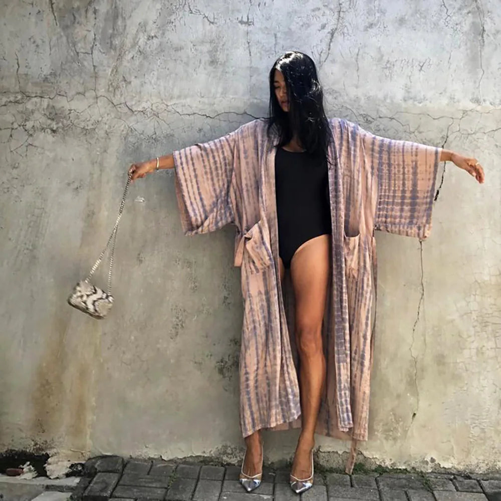 2023 Women Swimsuit Pareo Beachwear Boho Striped Print with Belt Short Sleeve Tunic Cardigan Summer Sexy Kimono Bikini Cover Up