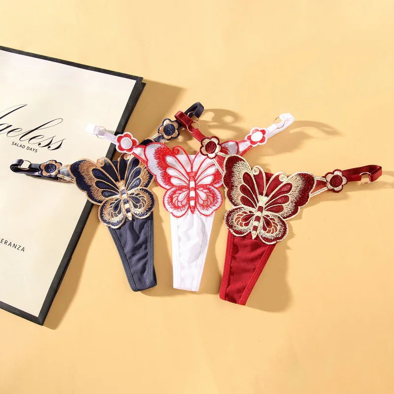 Butterfly Embroidery Thongs G Strings Sexy Underwear Women's Thong Transparent Mesh Panties Adjustable Low Waist Briefs Lingerie