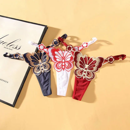 Butterfly Embroidery Thongs G Strings Sexy Underwear Women's Thong Transparent Mesh Panties Adjustable Low Waist Briefs Lingerie