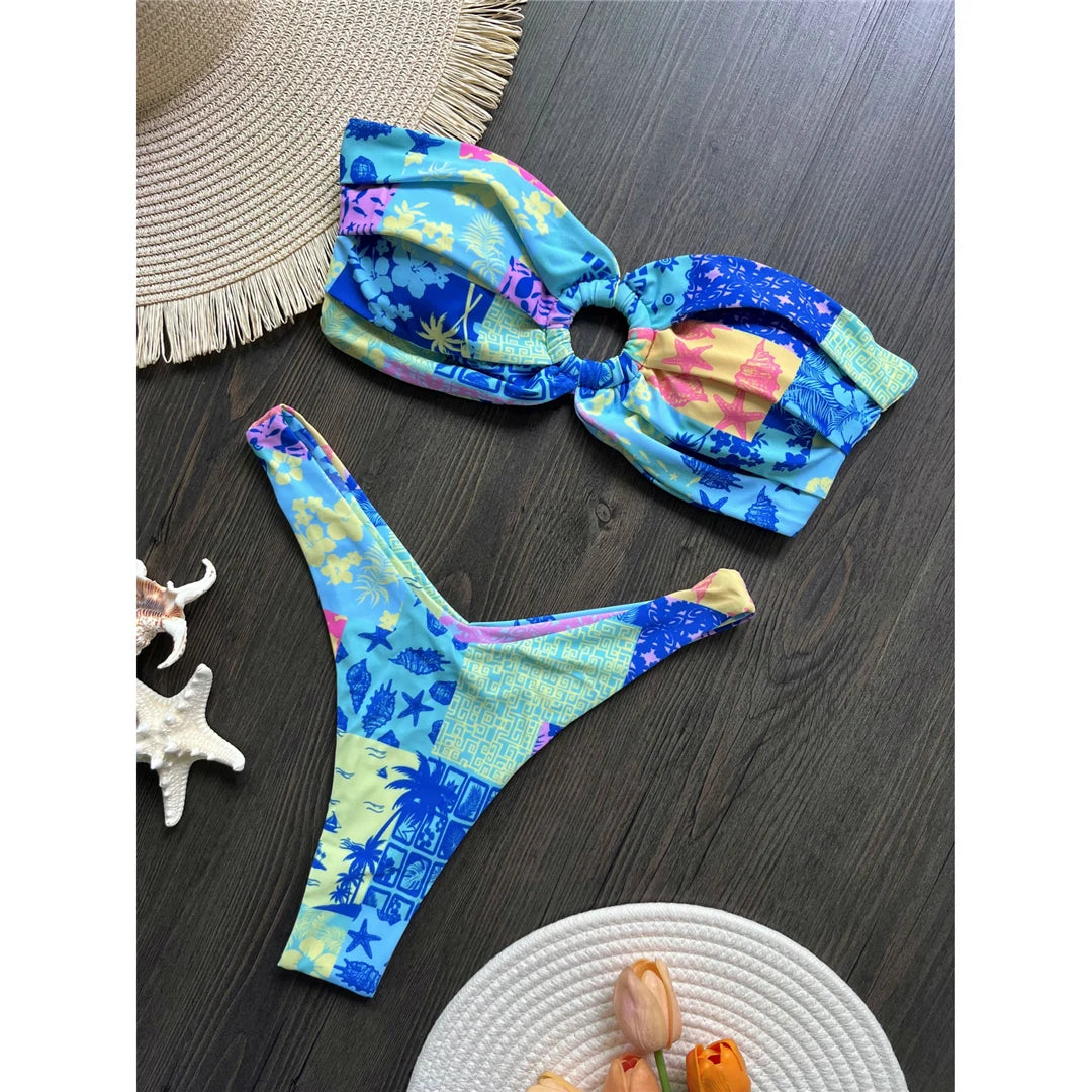 Sexy Colorful Floral Printed Bandeau Bikini Female Swimsuit Women Swimwear Two-pieces Bikini set Bather Bathing Suit Swim K6137