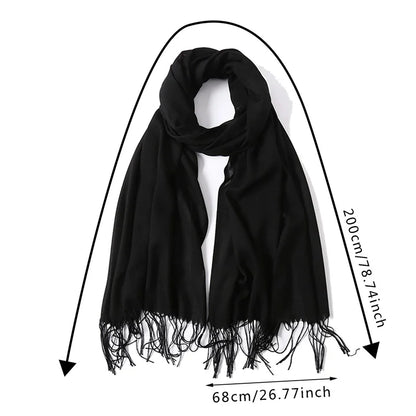 Écharpe tendance pour femme, couleur unie, hijab d'hiver, pompons, long châle, style cachemire, pashmina, bandana
