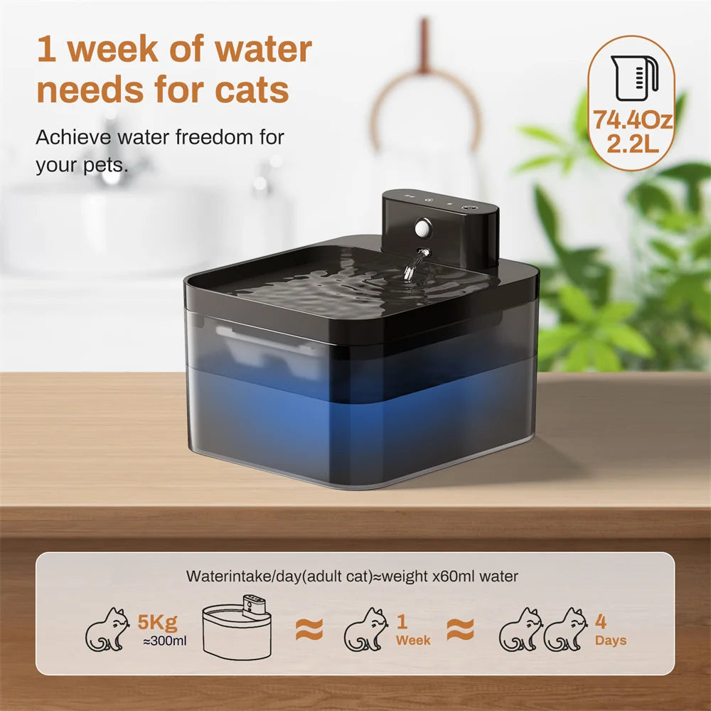 Fontaine à eau automatique pour chat, chargement sans fil 5 V, 2,2 L, avec détecteur de mouvement, pour animaux de compagnie