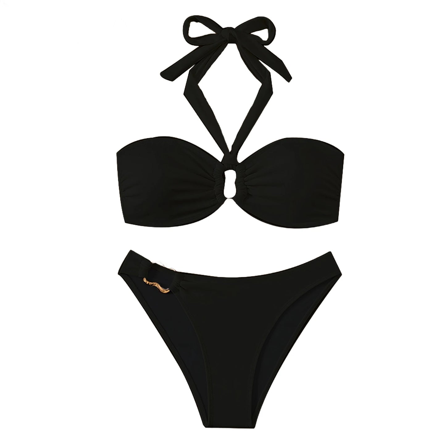 Women Bikini Set Solid Color Underwire Padded Push-Up Split Bikini Bra Print High Waist Bottoms Swimsuit Women Bathing Suit