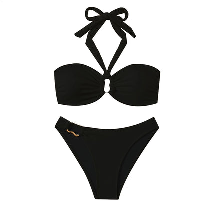 Women Bikini Set Solid Color Underwire Padded Push-Up Split Bikini Bra Print High Waist Bottoms Swimsuit Women Bathing Suit