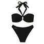 Women Bikini Set Solid Color Underwire Padded Push-Up Split Bikini Bra Print High Waist Bottoms Swimsuit Women Bathing Suit