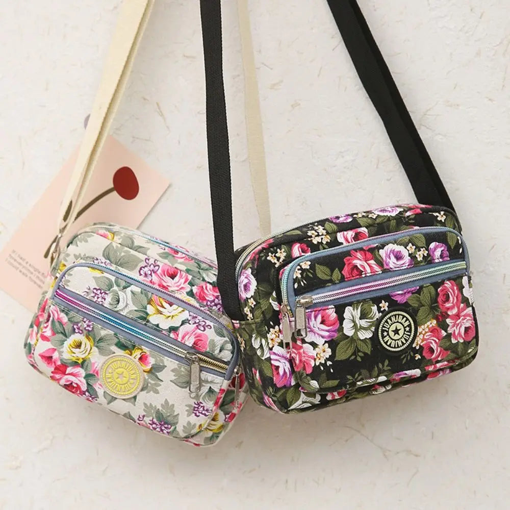 Casual Backpack Messenger Nylon Canvas Cloth Bag Shoulder Multi Layered Floral Print Mother Handbag Women's Crossbody Bag