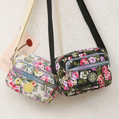 Casual Backpack Messenger Nylon Canvas Cloth Bag Shoulder Multi Layered Floral Print Mother Handbag Women's Crossbody Bag