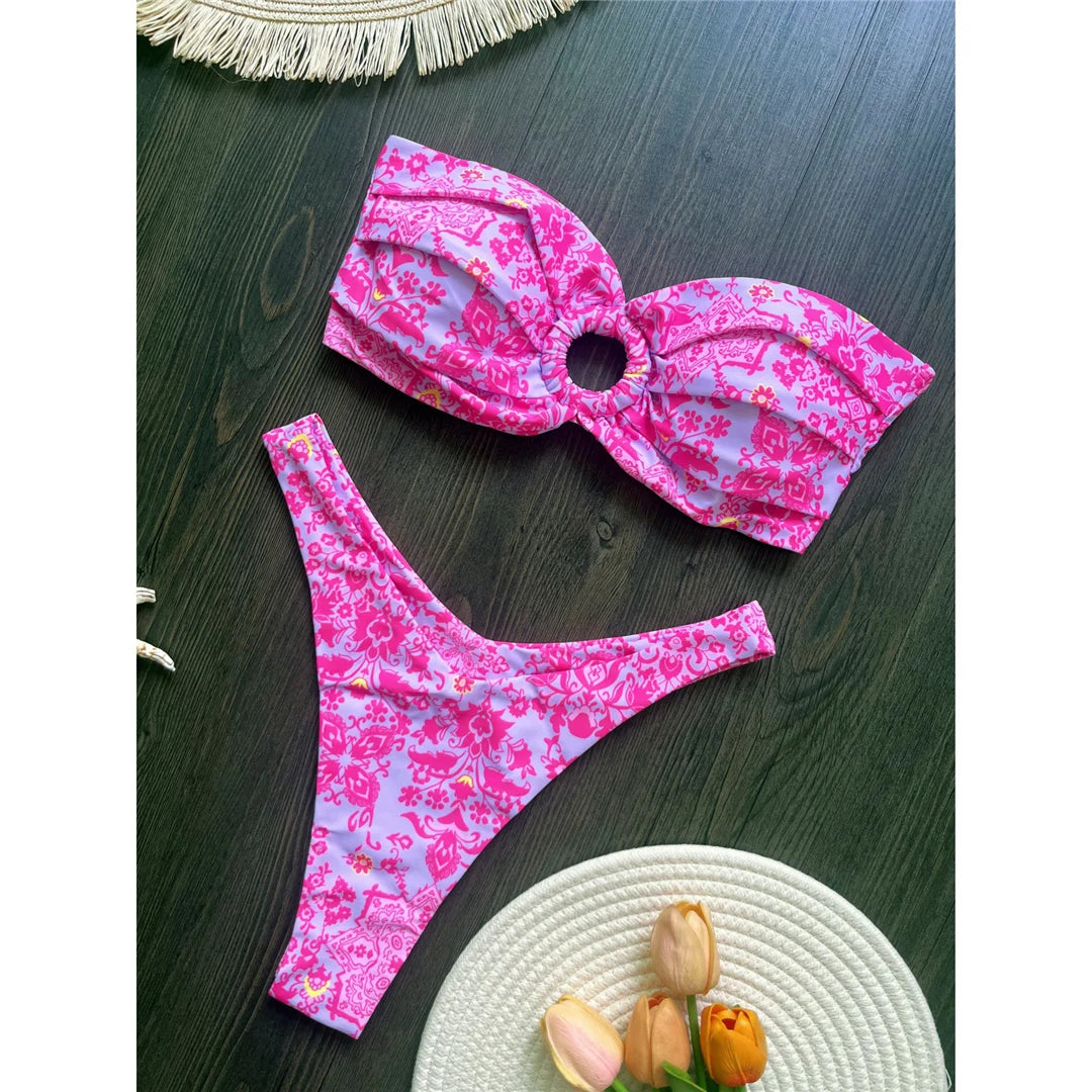 Sexy Colorful Floral Printed Bandeau Bikini Female Swimsuit Women Swimwear Two-pieces Bikini set Bather Bathing Suit Swim K6137