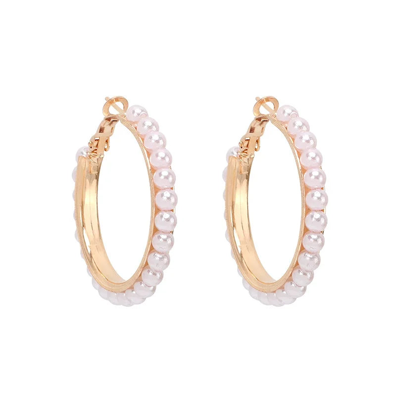 Exaggerated Imitation Pearl Round Hoop Earrings for Women Hiphop Punk Metal Creative Geometry Loop Jewelry Accessory Girl Gift