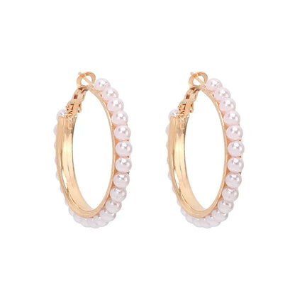 Exaggerated Imitation Pearl Round Hoop Earrings for Women Hiphop Punk Metal Creative Geometry Loop Jewelry Accessory Girl Gift