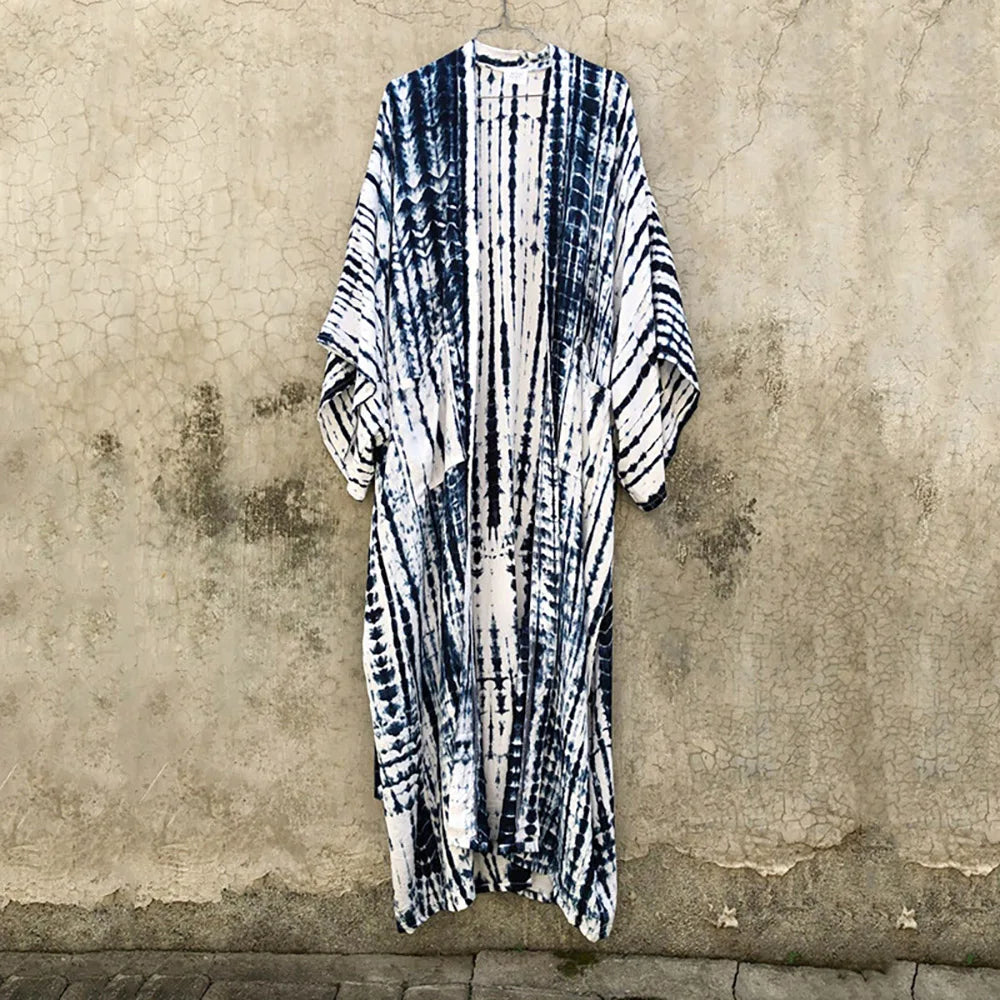 2023 Women Swimsuit Pareo Beachwear Boho Striped Print with Belt Short Sleeve Tunic Cardigan Summer Sexy Kimono Bikini Cover Up