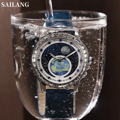100%Original SAILANG Men Watch Waterproof Leather Strap Simple Fashion Starry Sky Swarovski Diamonds Men’s Luxury WristWatch