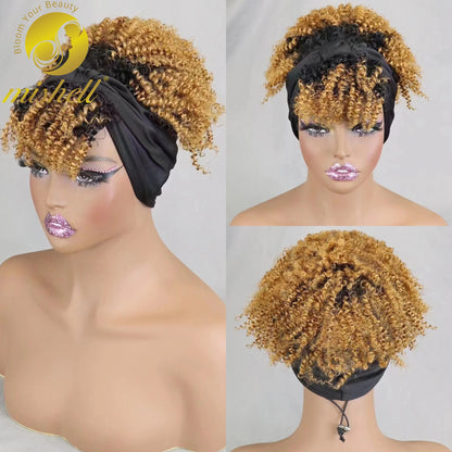 200% Density 1BT30 Afro Kinky Curly Scarf Wig with Bangs Machine Made Wig Curly 100% Human Hair Wig Preplucked for Black Women