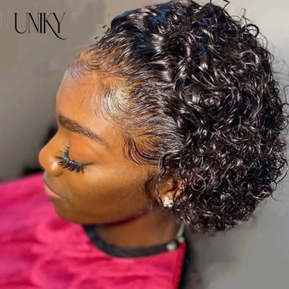 Pixie Cut Wig for Black Women Preplucked 13x1 13x4 Lace Hairline Water Wave Wig Peruvian Short Curly Lace Bouncy Human Hair Wigs