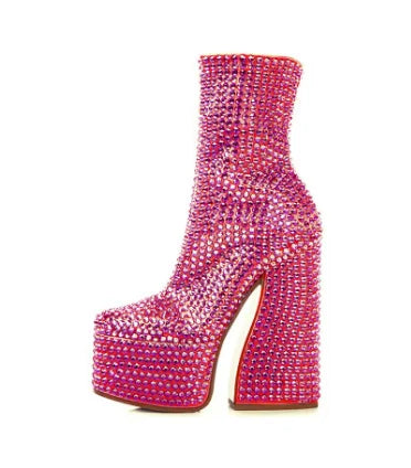 2024 Silver High Heel Chelsea Boots – Women's Platform Ankle Boots Square Toe with Diamond Decor, Chunky Heel Short Boots