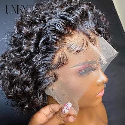 Pixie Cut Wig for Black Women Preplucked 13x1 13x4 Lace Hairline Water Wave Wig Peruvian Short Curly Lace Bouncy Human Hair Wigs