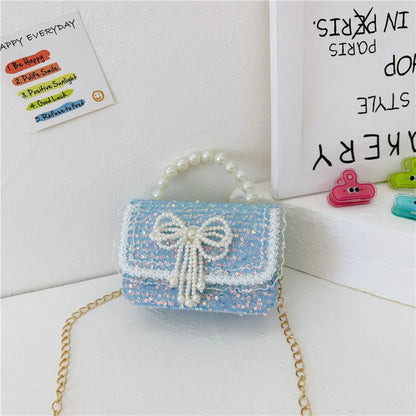2024 Korean Style Pearl Kid's Handbag Lace Bow Princess Shoulder Messenger Bag Sequin Zero Wallet Pocket Pack