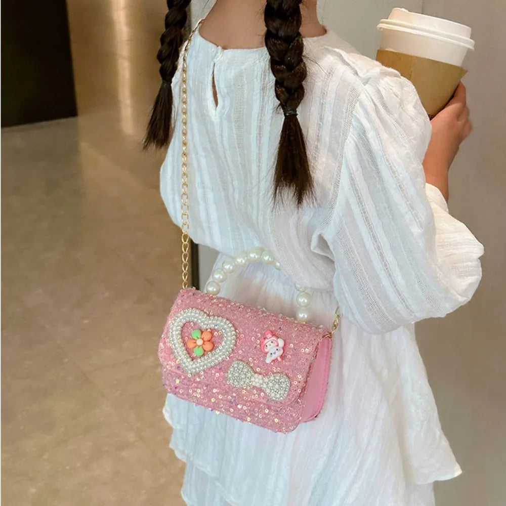 2024 Korean Style Pearl Kid's Handbag Lace Bow Princess Shoulder Messenger Bag Sequin Zero Wallet Pocket Pack