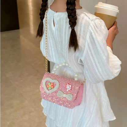 2024 Korean Style Pearl Kid's Handbag Lace Bow Princess Shoulder Messenger Bag Sequin Zero Wallet Pocket Pack