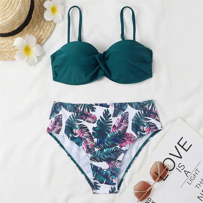 Women Bikini Set Solid Color Underwire Padded Push-Up Split Bikini Bra Print High Waist Bottoms Swimsuit Women Bathing Suit