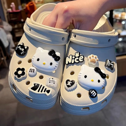 MINISO INS Black & White Series Hello Kitty Cat & Fish Shoe Charms Accessories Women Sandals Decorative Buckle Party Gifts ﻿