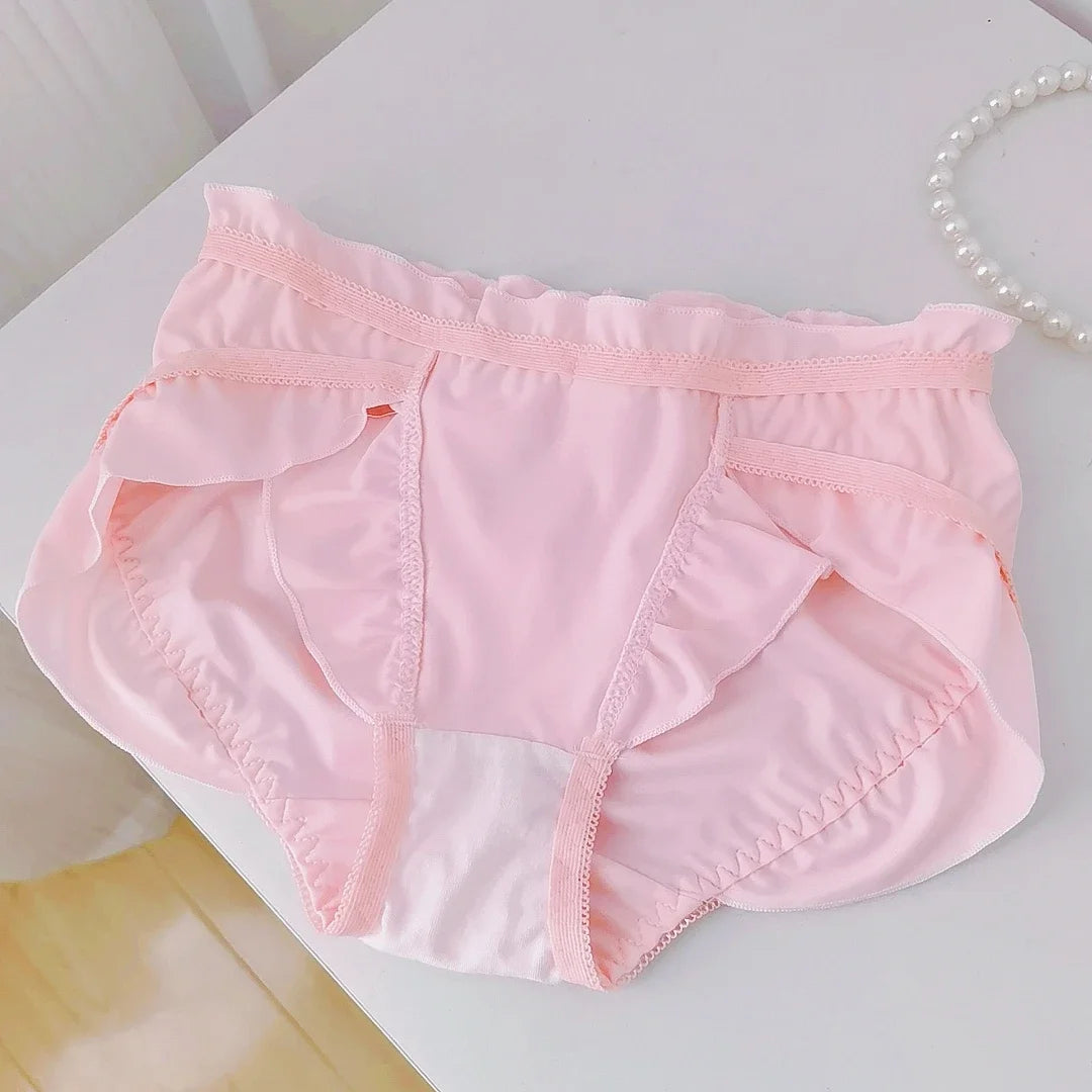 Lotus Leaf Edge High Slit Lolita Sweet Panties Japanese Cute Student Mid Waist Underwear Girl Milk Silk Triangle Pants 섹시