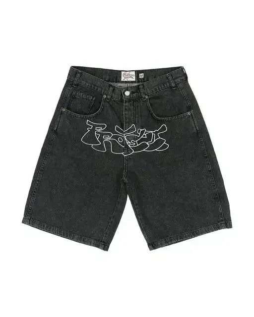 American Retro Patchwork Blue Denim Shorts Y2K Jeans Mens Womens Hip Hop Retro Baggy Shorts Low Waist Over The Knee Pants