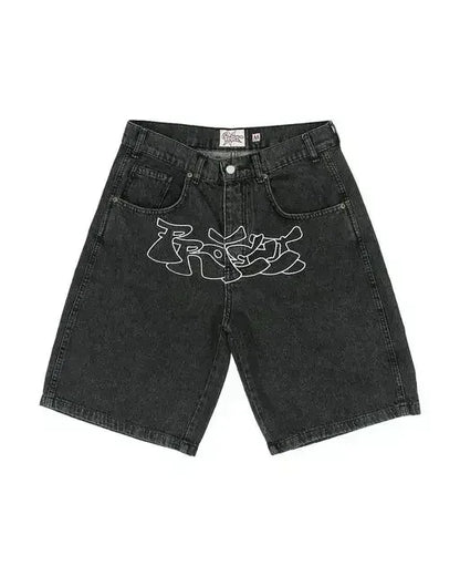 American Retro Patchwork Blue Denim Shorts Y2K Jeans Mens Womens Hip Hop Retro Baggy Shorts Low Waist Over The Knee Pants
