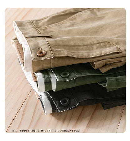 2025 Summer New Casual Cargo Cotton Shorts for Men Clothing Straight Big Pockets Solid Color Summer Pants FY7701