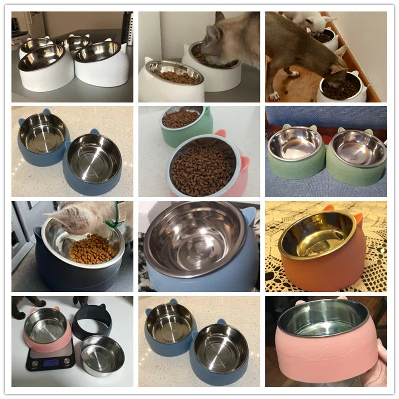 Stainless Steel Cats Food Bowls Non-slip Crash Pets Bowls Lovely Inclined Kitten Puppy Food Drinking Water Feeder Premium Design