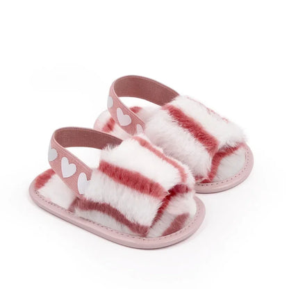 Sandales pour nouveau-né fille, mignonnes, été, hiver, en peluche, semelles souples, plates, princesse, antidérapantes, pour les premiers pas
