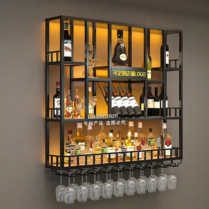 Customized: bar counter wine cabinet against the wall, hanging shelves, industrial style bar, wrought iron display stand,