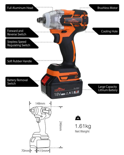 380N.M 1/2 inch Brushless Electric Impact Wrench Cordless Electric Wrench Rechargeable for 18V Battery Screwdriver Power Tools