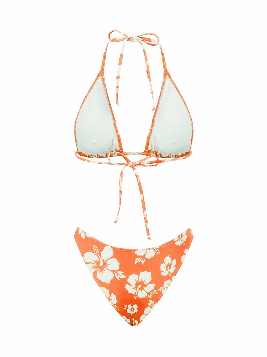 Push Up Bikini Set  For Women Flower Print Sleeveless Bra with Low Waist Briefs Bathing Suit