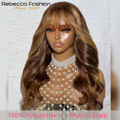 Perruques Rebecca 3x1 Body Wave 100 % cheveux humains avec frange rideau pour femmes, cheveux brésiliens Remy, sans colle, colorées, QVR