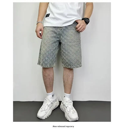 Ccowboy Shorts Men's Summer Workwear Pants Loose Straight Leg Mid Length Pants Elastic Waist American High Street Trendy Shorts