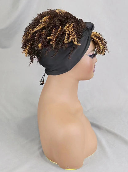 200% Density 1BT30 Afro Kinky Curly Scarf Wig with Bangs Machine Made Wig Curly 100% Human Hair Wig Preplucked for Black Women