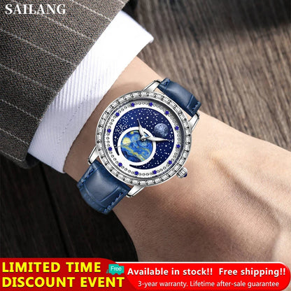 100%Original SAILANG Men Watch Waterproof Leather Strap Simple Fashion Starry Sky Swarovski Diamonds Men’s Luxury WristWatch
