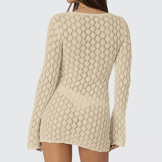 New Style Knit Solid Color Long Sleeve Dress Sexy Hollow Out Slim-Fit Beachwear Cover Up Beach Holiday Sun Protection Clothing
