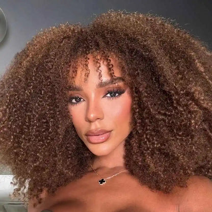 Brown Color PiXie Cut Afro Kinky Curly Human Hair Wigs with Bangs Brazilian Short Curly Human Hair Wig Wear to go Glueless Wig
