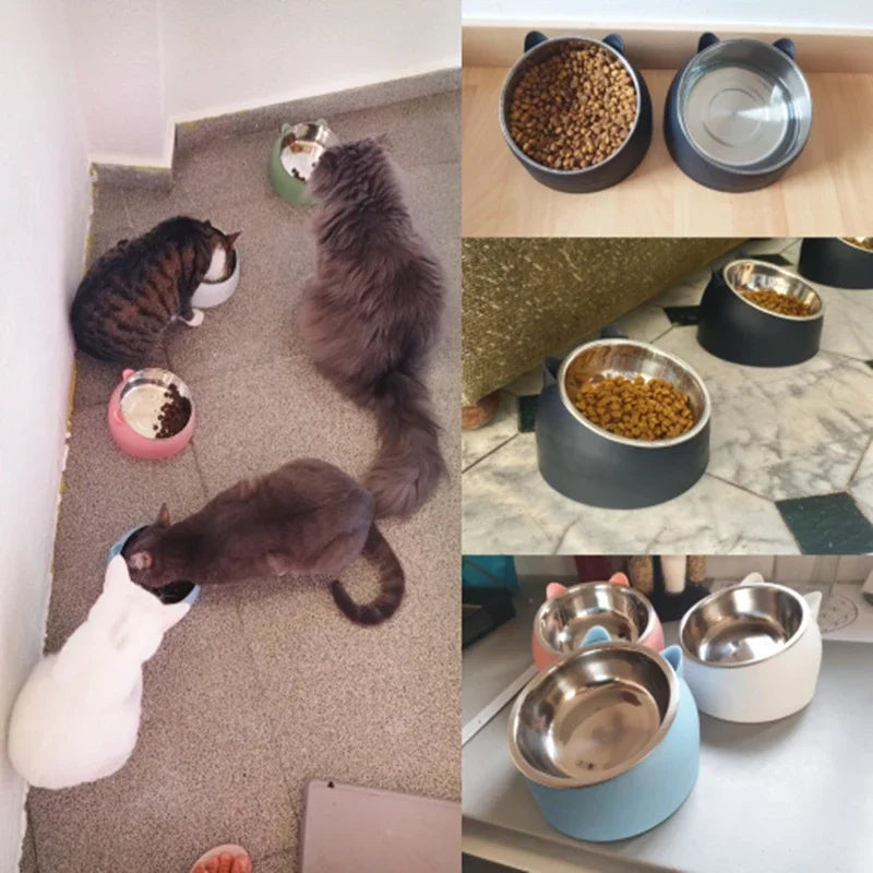 Stainless Steel Cats Food Bowls Non-slip Crash Pets Bowls Lovely Inclined Kitten Puppy Food Drinking Water Feeder Premium Design
