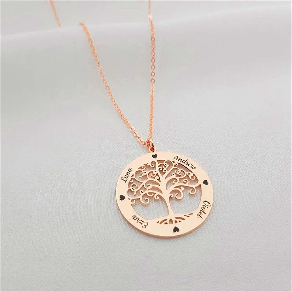 Custom Family Names Necklace Stainless Steel Personalized Name Pendant Tree Of Life 1-5 Names Birthstone For Women Birthday Gift
