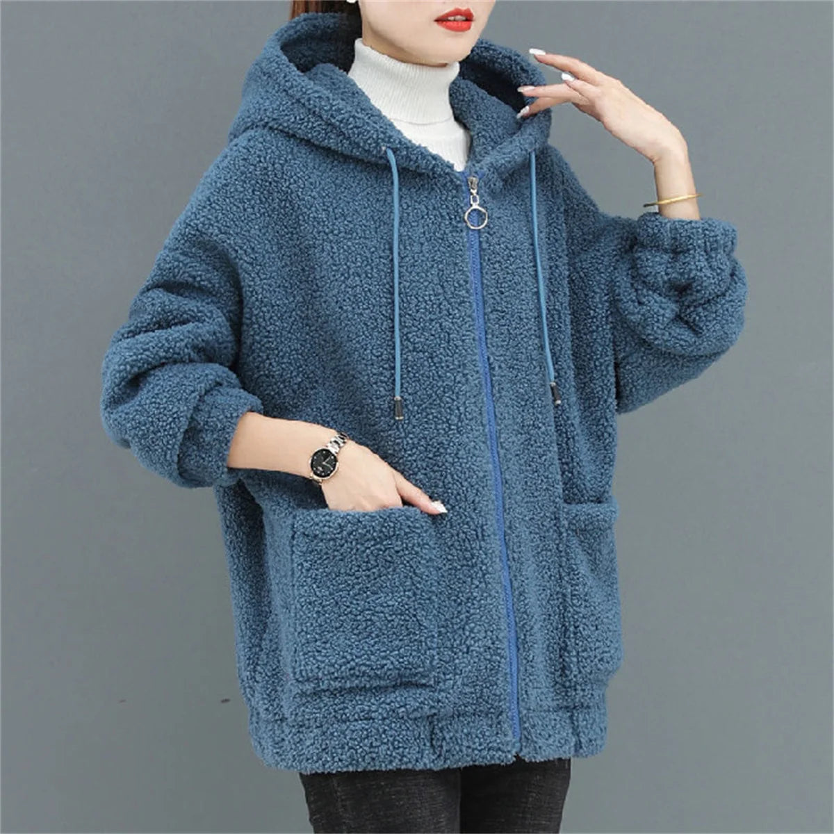 Women Fleece Hooded Sweater Solid Lamb Cashmere Cardigan Jacket Coat Ladies Casual Plush Autumn Winter Long Sleeve Solid Tops