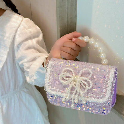 2024 Korean Style Pearl Kid's Handbag Lace Bow Princess Shoulder Messenger Bag Sequin Zero Wallet Pocket Pack